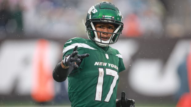 Jets' WR Garrett Wilson checks with an official